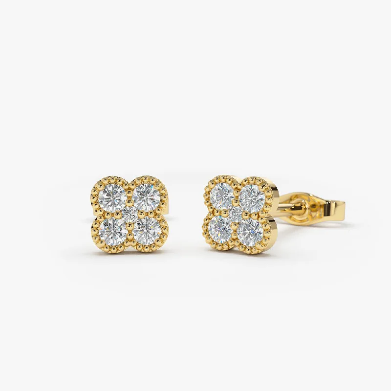 silver earrings for birthday gifts -14k Gold Diamond Cluster Floral Design Earrings