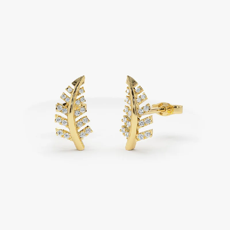 stylish hoop earrings for weddings -14k Gold Diamond Leaf Earrings