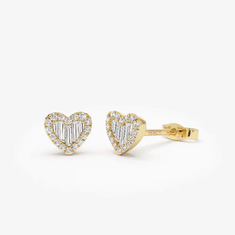 fashion earrings for the holiday season -14K Gold Mini Baguette Diamond Heart Studs