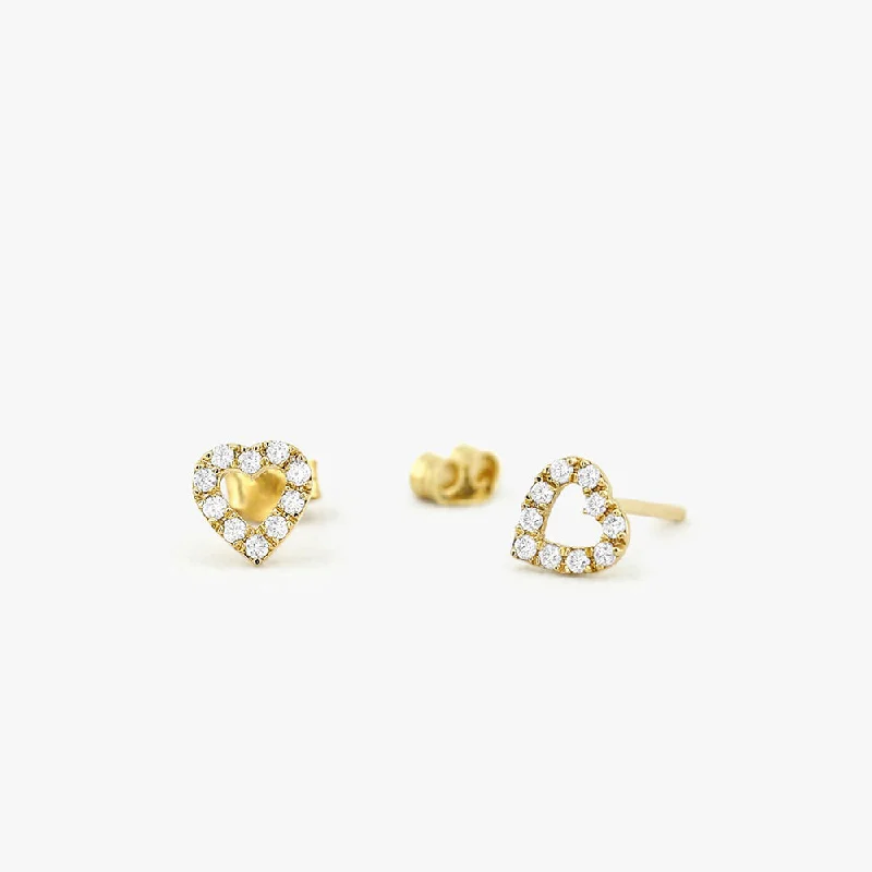 luxury gold drop earrings for weddings -14K Gold Mini Heart Earrings Diamond Studs