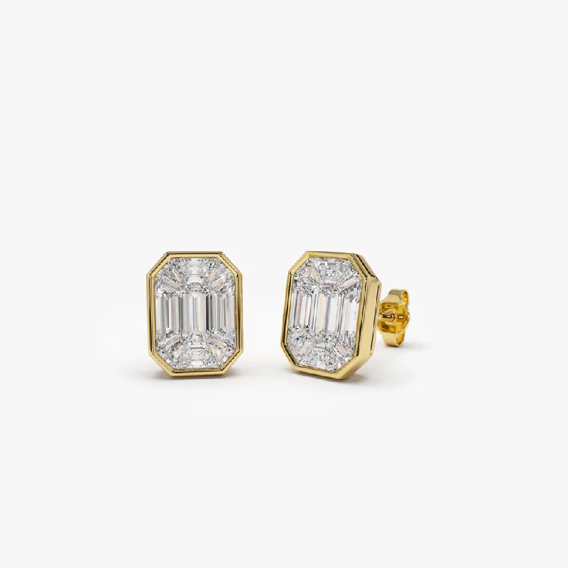 silver earrings with diamonds for brides -14k Illusion Setting Step Cut Mosaic Diamond Studs