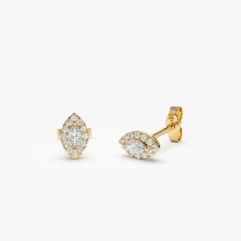 trendy earrings for bridal parties -14k Marquise Diamond in Halo Setting Diamond Studs