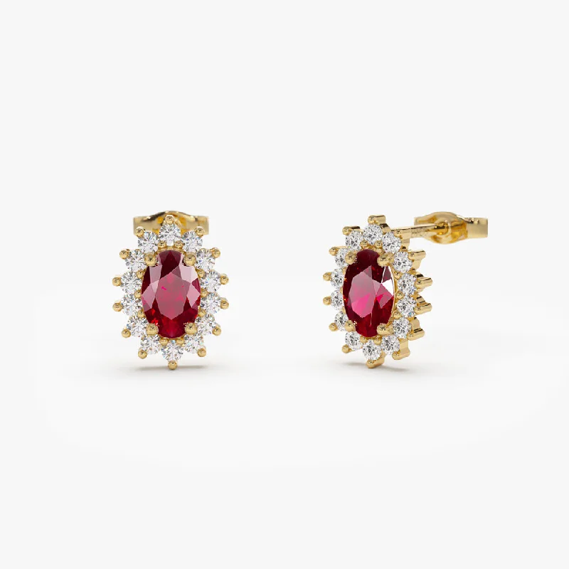 large hoop earrings with colorful stones -14k Oval Cut Ruby Earrings with Diamonds