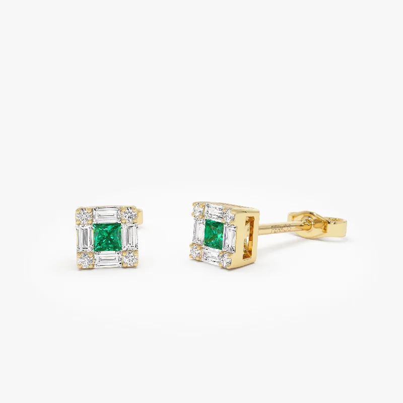 vintage earrings for special events -14K Princess-Cut Emerald Stud Earrings with Diamond Halo