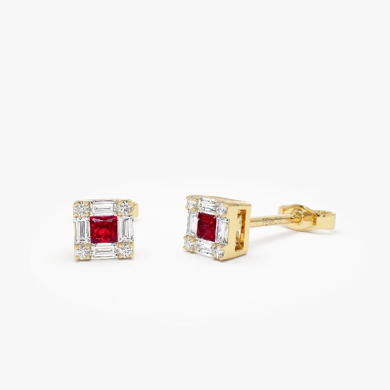 unique earrings for every occasion -14K Princess-Cut Ruby Stud Earrings with Diamond Halo