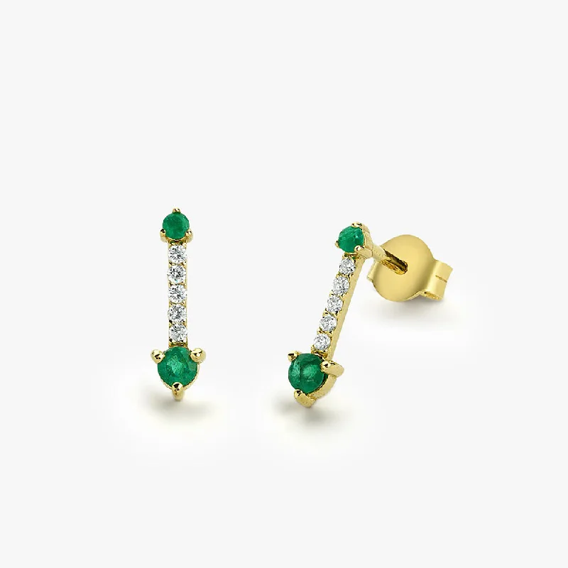 personalized gold earrings with birthstones -14K Gold Round Emerald and Diamond Earrings