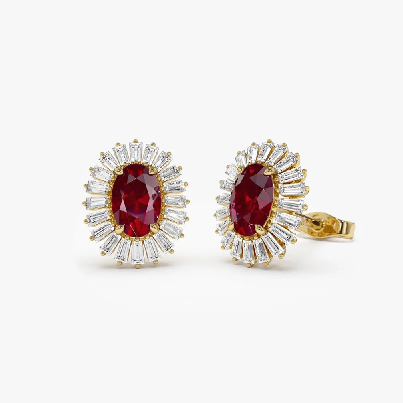 statement gold earrings for casual wear -14k Ruby and Baguette Diamond Ballerina Stud Earrings