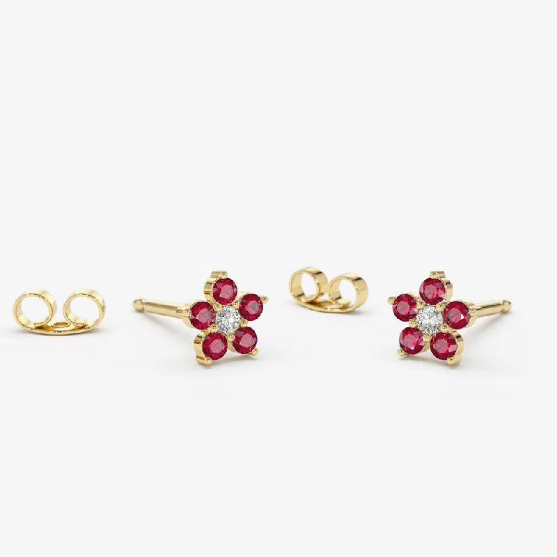 custom-designed drop earrings for weddings -14K Ruby and Diamond Flower Studs