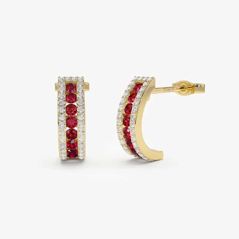 trendy earrings for bridesmaids -14k Ruby and Round Diamond Hoop Earrings