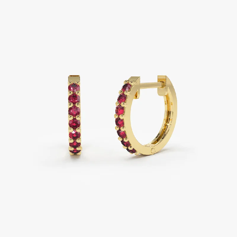 statement gold earrings for formal wear -14K Gold Ruby Huggie Hoop Earrings