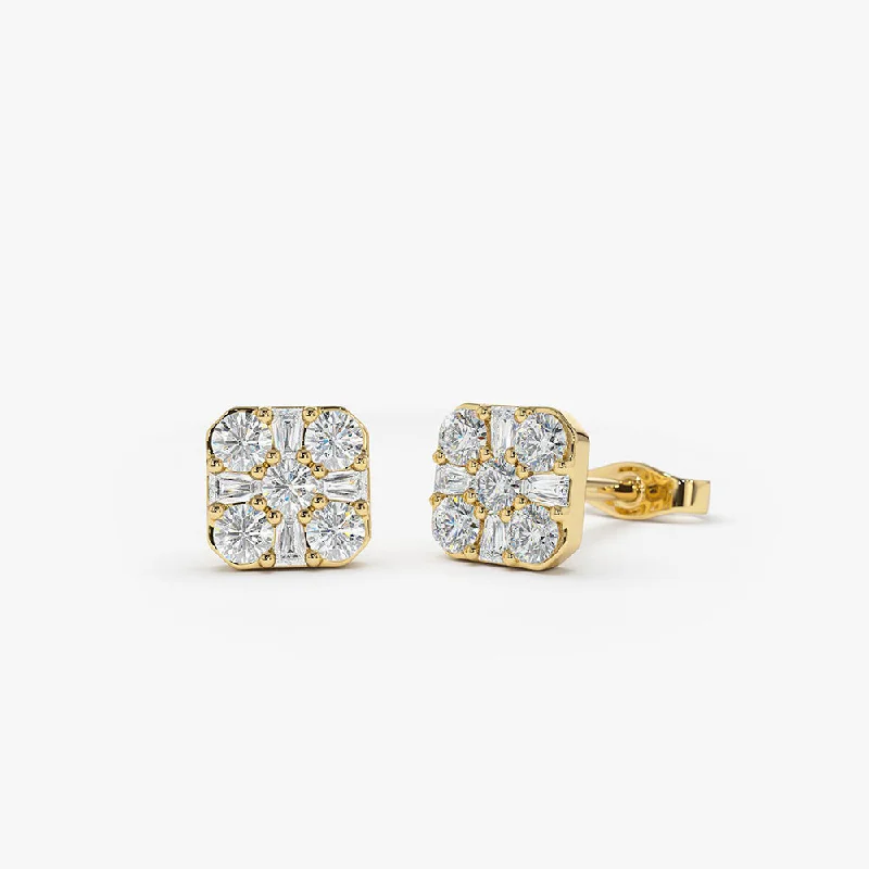 statement earrings with crystals for weddings -14k Square Baguette and Round Diamond Earrings