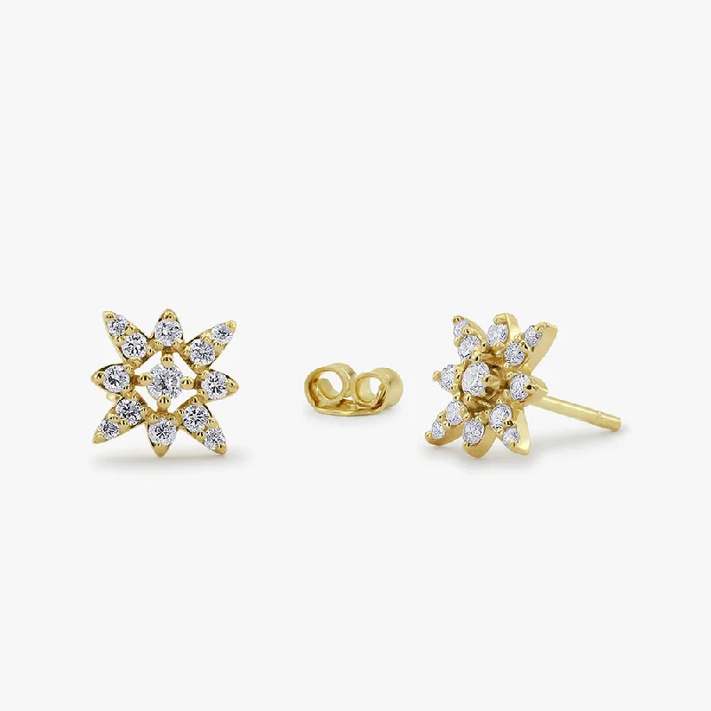 trendy gold earrings with diamonds -14K Gold Compass Star Diamond Earrings