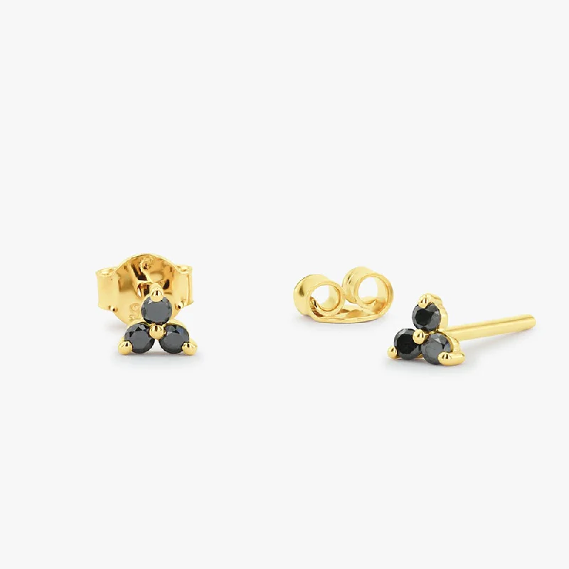 custom earrings for bridesmaids -14K Gold Tiny Black Diamond Trio Stud Earrings