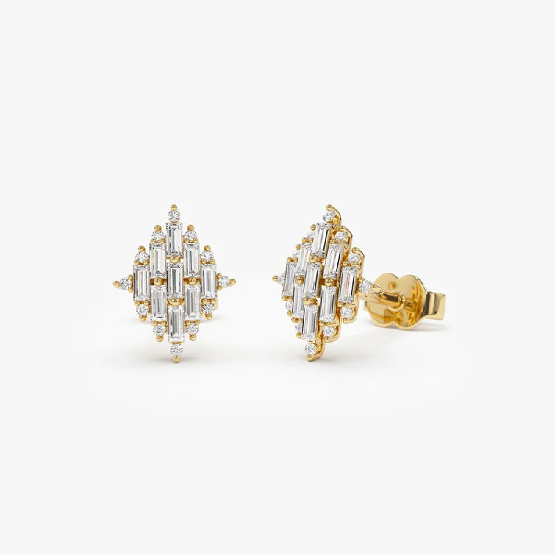 handmade earrings with birthstones -14k Trendy Baguette Diamond Cluster Studs