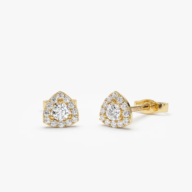 large gold earrings with diamonds -14k Triangle Halo Setting Diamond Studs