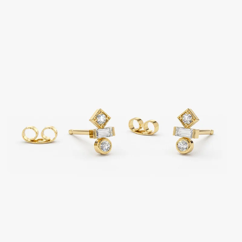 gold stud earrings with emeralds -14K Gold Baguette and Round Cut Mix Diamond Earrings