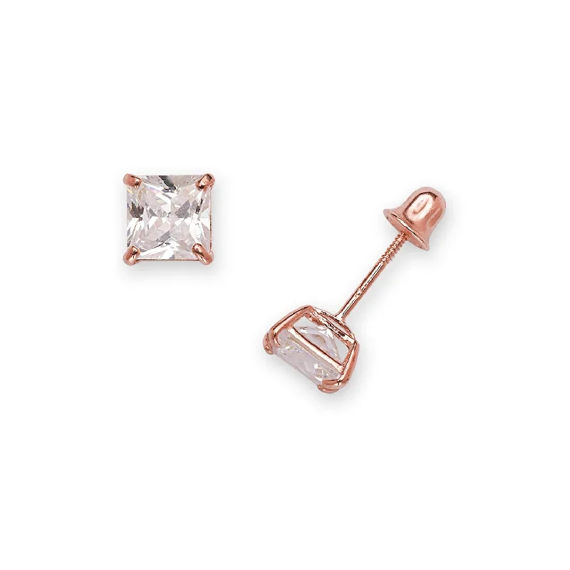 luxury earrings for bridal gifts -Curata 14k Rose Gold 5 mm Princess-cut Square Cubic Zirconia Screw-back Stud Earring - Pink