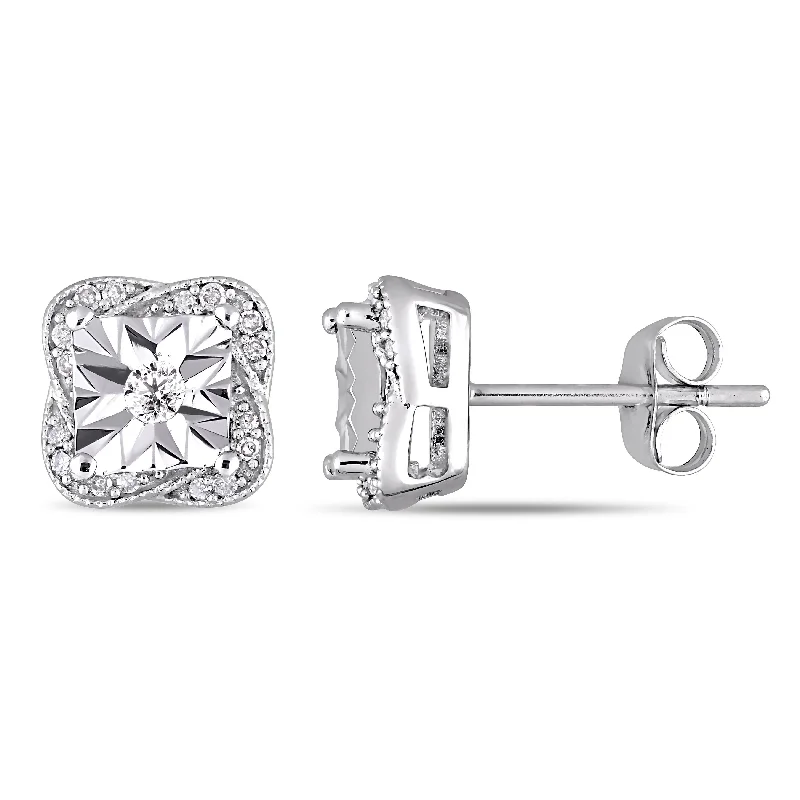 trendy silver drop earrings for bridesmaids -Miadora 10k White Gold 1/6ct TDW Diamond Twisted Square Halo Stud Earrings