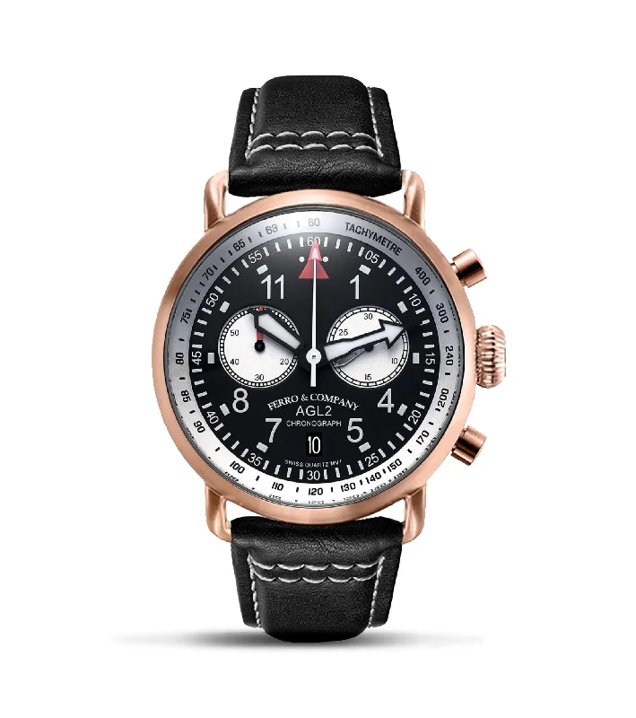 quartz watches for men with chronograph -AGL 2 Chronograph Black / White / Rose Gold