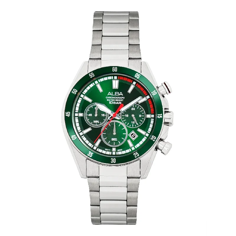 elegant watches for women with mesh metal bands -Alba AT3J25X1 Deep Green Dial Chronograph