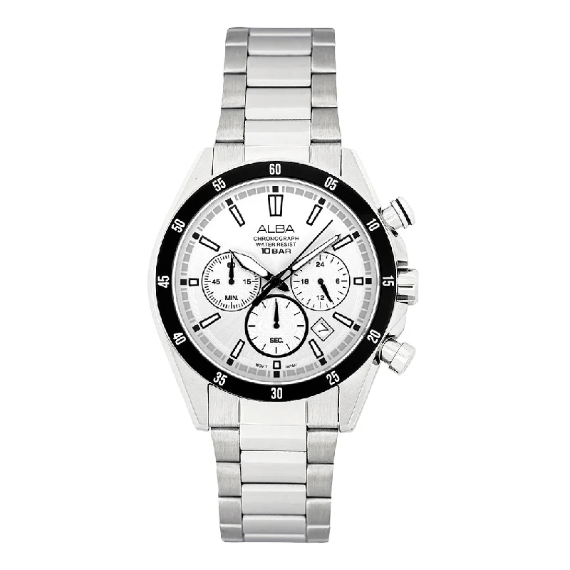 sporty watches with GPS and heart rate monitoring -Alba AT3J31X1 Silver-Whit Dial Chronograph