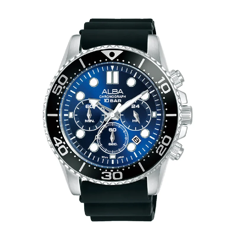 hybrid smartwatches with activity tracking for men -Alba AT3J47X1 Cobalt Blue Dial With Black Bezel Chronograph