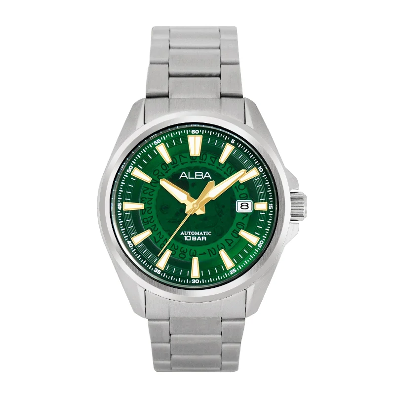 casual watches for men with silicone straps -Alba AU4027X1 Green Skeleton Dial Watch