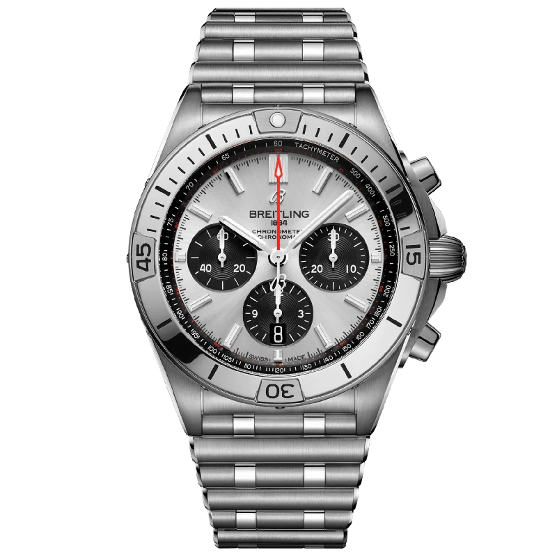 automatic movement watches for men with leather straps -Breitling Chronomat B01 Silver Dial Men 42mm