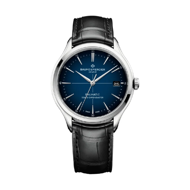 sleek silver watches with leather straps -Clifton 10467 Baumatic COSC Certified, 40mm