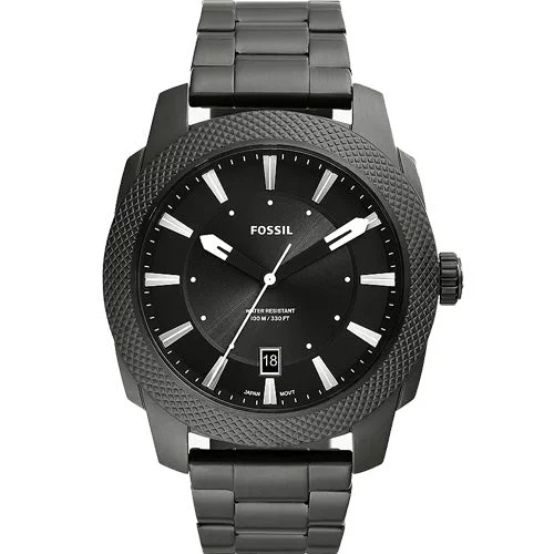 solar-powered watches with minimalist dials -Fossil Machine Black Dial Men 49mm