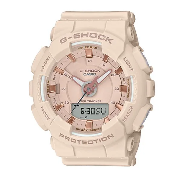 minimalist wristwatches for men -Casio G-Shock S Series For Women Step Tracker Beige Resin Band Watch GMAS130PA-4A GMA-S130PA-4A