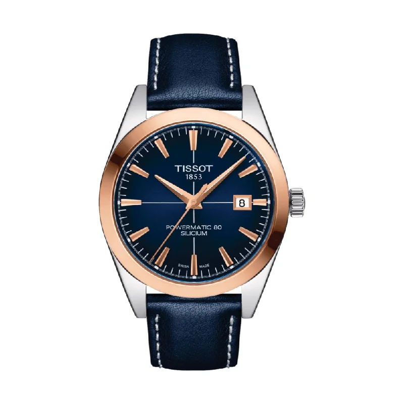 rugged watches for men with altitude measurement -Gentleman Powermatic 80 Silicium Blue Dial Solid 18kt Gold Bezel