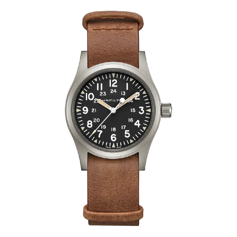 luxury watches for women with rose gold accents -Khaki Field Mechanical Black Dial Leather Strap