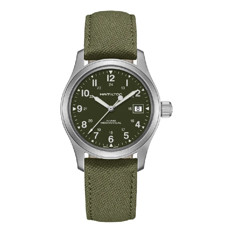 waterproof fitness watches for women -Khaki Field Mechanical Date Green Dial