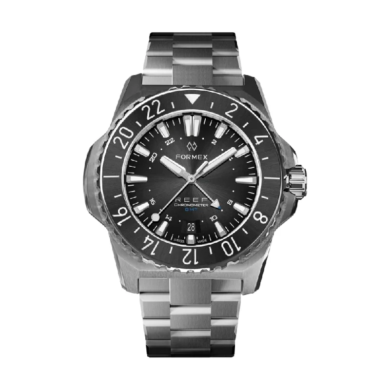 luxury automatic watches for men with sapphire crystal -REEF GMT Black Dial Black Bezel