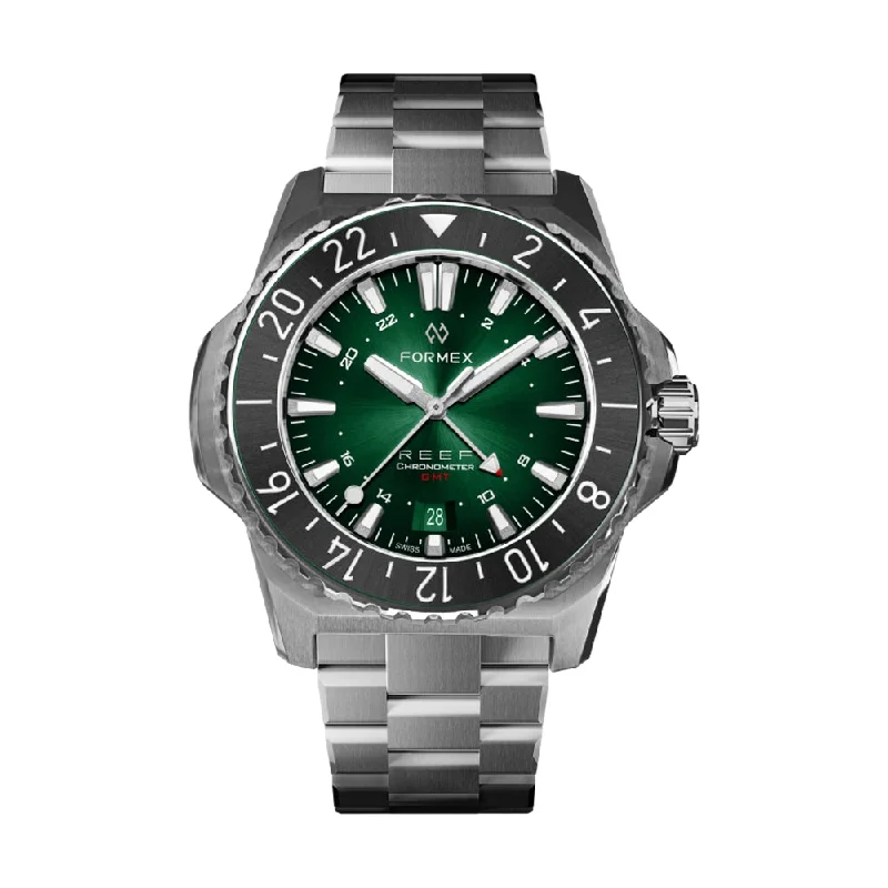 leather strap watches for women with minimalist designs -REEF GMT Green Dial Black Bezel