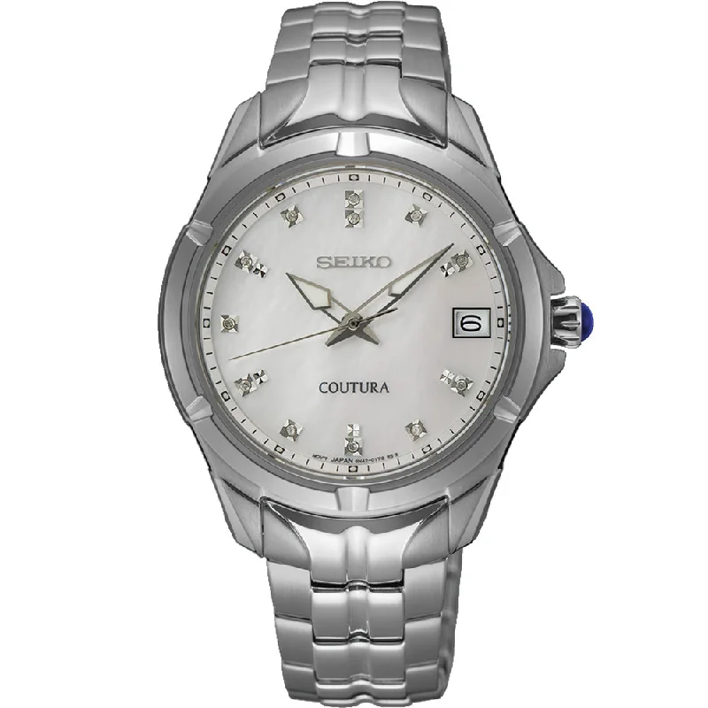 sleek wristwatches for women with modern designs -Seiko Coutura SUR593P Diamond Set