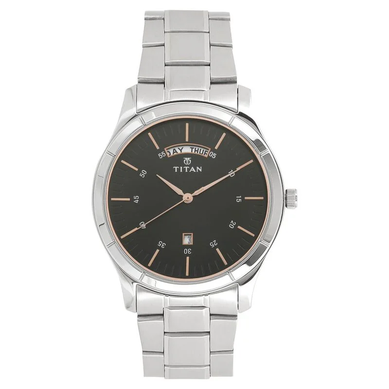 elegant watches with mother of pearl dials -Titan Workwear Black Dial Analog With Day And Date Stainless Steel Strap Watch For Men