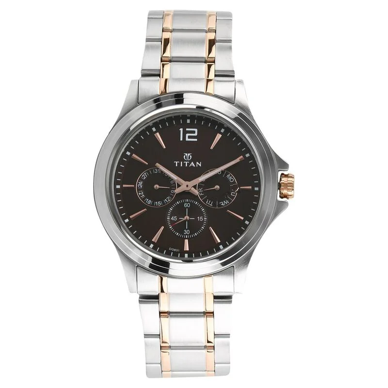 casual watches with leather straps for men -Titan Workwear Quartz Multifunction Brown Dial Stainless Steel Strap Watch For Men