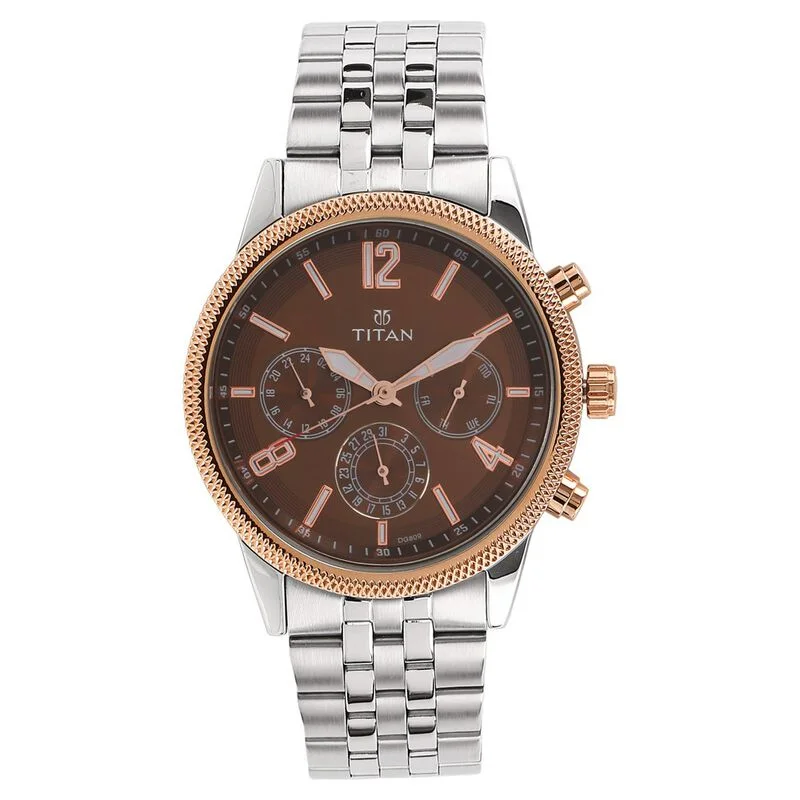 rugged outdoor watches for adventurers -Titan Workwear Quartz Multifunction Brown Dial Stainless Steel Strap Watch For Men