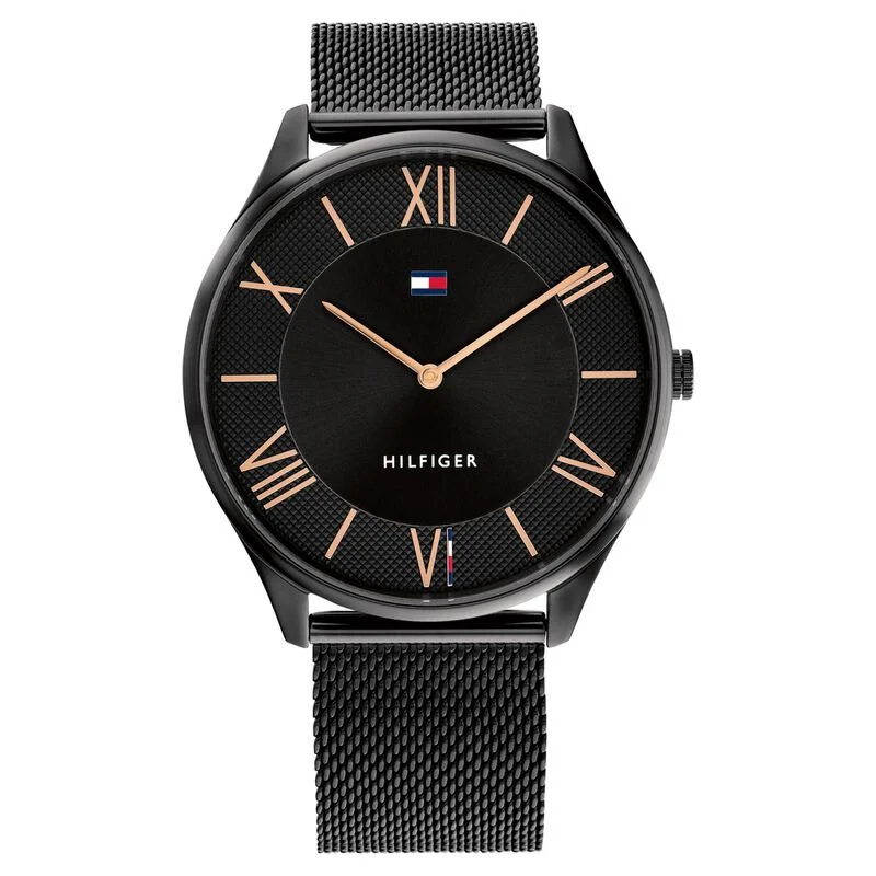 slim analog watches for women with small faces -Tommy Hilfiger Black Dial Black Stainless Steel Strap Watch For Men