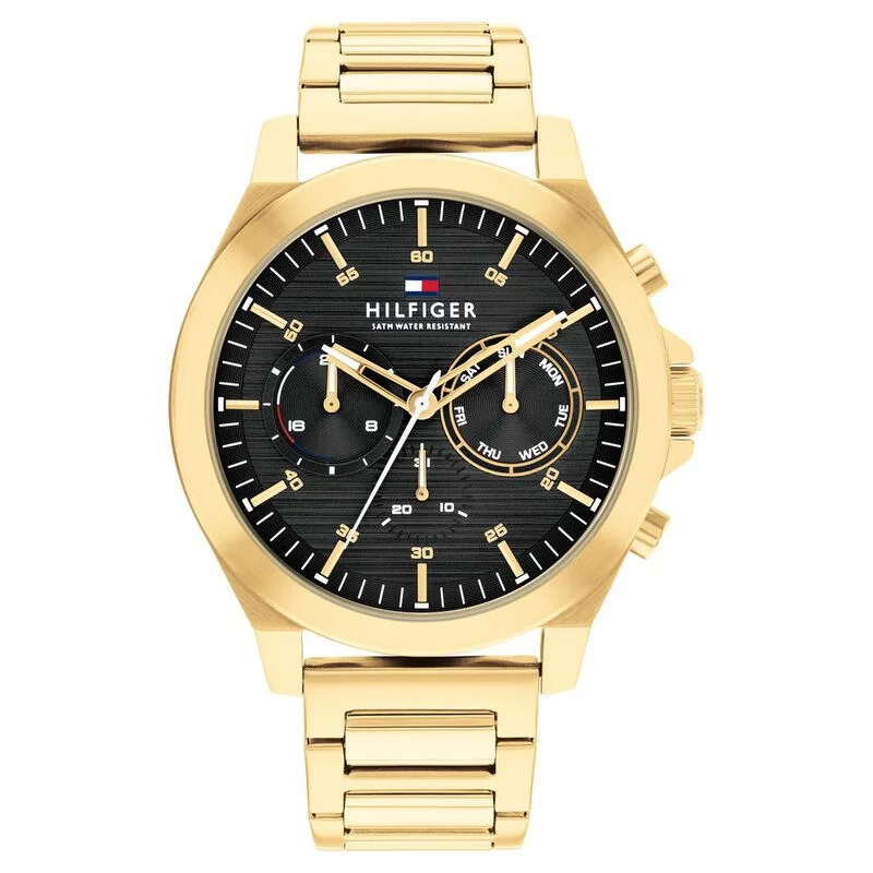 stylish leather band watches for men with large faces -Tommy Hilfiger Black Dial Golden Colour Stainless Steel Strap Watch For Men