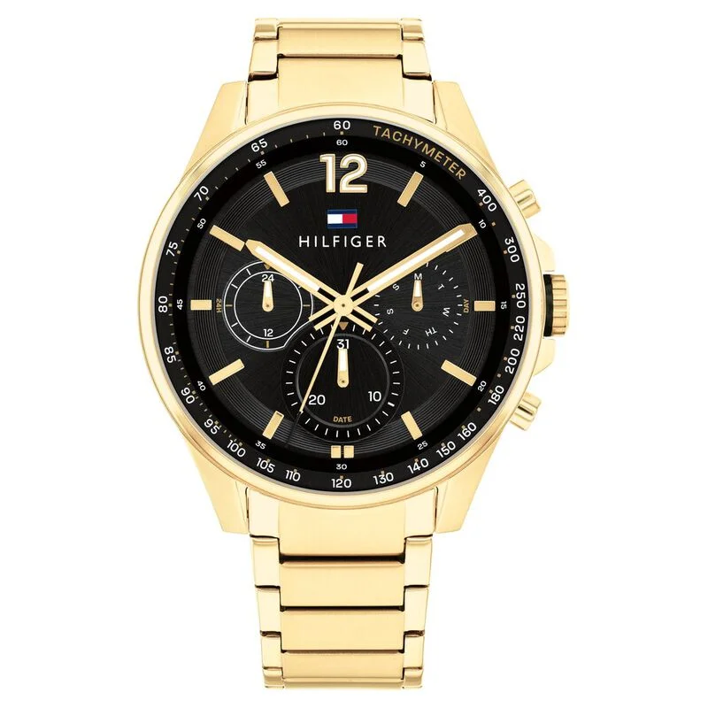 sport watches for women with pulse monitor -Tommy Hilfiger Black Dial Stainless Steel Strap Watch For Men